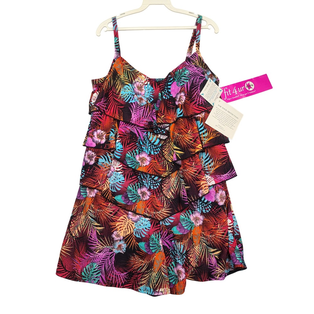Fit 4 Ur Hips Swimsuit Women 16 Multi Tropical Tiered Ruffle Palm Nylon Spandex